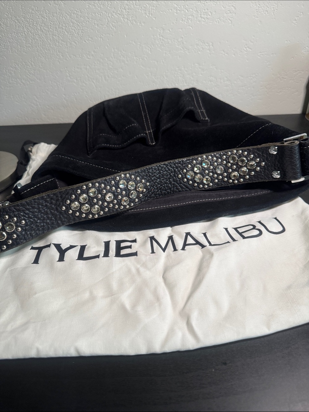 Tylie Malibu Black Studded Strap Suede Hobo Bag Y2K - Picture 15 of 16